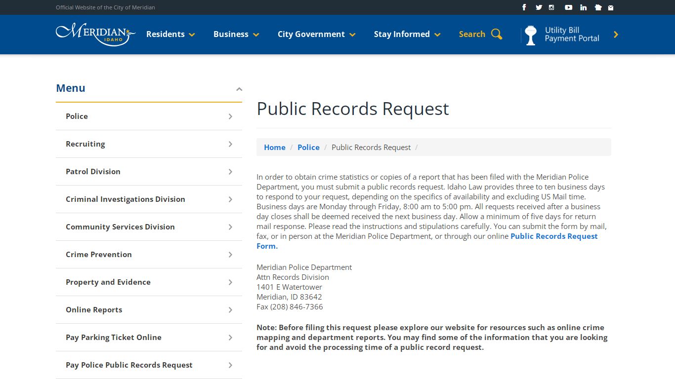 Public Records Request - Meridian, Idaho